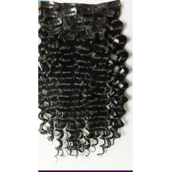 Příčesek CLIP IN 7pásů ČERNÁ kudrnaté #01, 70g, 45cm, 100% lidské vlasy