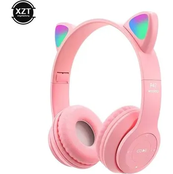 Sluchátka Bluetooth sluchátka s LED světly a kočičími oušky - Růžová