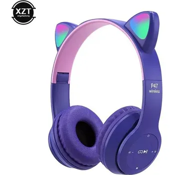 Sluchátka Bluetooth sluchátka s LED světly a kočičími oušky - nachová