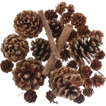 Dekorativní sada 28ks šišky a dřívka, glitr.zlatá