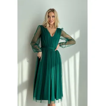 Dámské šaty Tylové midi šaty s výstřihem a dlouhým rukávem - XS Barva: Zelená, Velikost: XS
