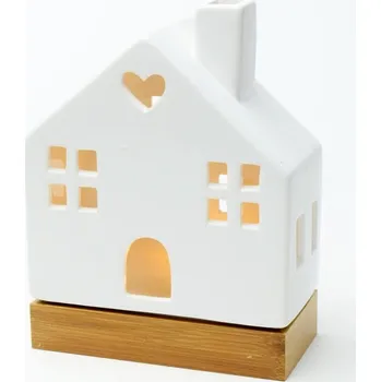 Vánoční dekorace Domeček porcelán/dřevo LED - 18 cm