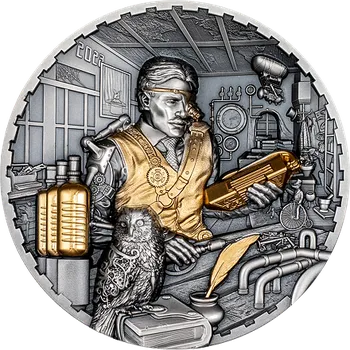 Exkluzivní stříbrná mince Steampunk - Science Lab 3 Oz 2023 Gilded Ultra High Relief Antique