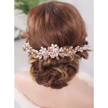 Ozdoba do vlasů B-TOP Hřeben do vlasů KVĚT Z KAMÍNKŮ A PEREL - zlatá růžová