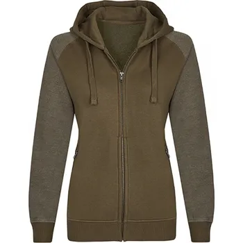 Dámská mikina Dámská kontrastní mikina Miners Mate s velkou kapucí a kovovým zipem Barva: zelená olivová mikina s melírovými rukávy, Velikost: XS MY720