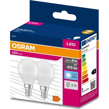 Žárovka 2PAK LED žárovka E14 P45 4,9W = 40W 470lm 4000K Neutrální 200° OSRAM VALUE