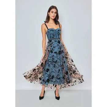 Dámské šaty EVA & LOLA Koktejlové Midi Šaty ELOISE modré Barva: Modrá, Velikost: M