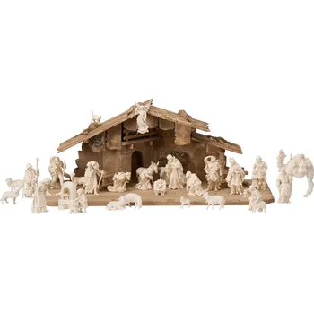 Vánoční dekorace Ornatis Sestava betlému Marie III - 28 postav Provedení: Přírodní bez malování, Velikost stojících figur dospělých postav: 9 cm, Rozměr chlévu: 60 x 26 x 24 cm (š x h x v) - vhodné pro sošky 9 a 9,5 cm