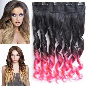 Příčesek Clip in vlasy - 55 cm vlnitý pás vlasů lokny OMBRE - odstín Black T Pink