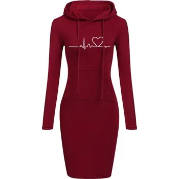 Dámský svetr Pohodlné dámské mikinové šaty s potiskem a kapucí Barva: klaret, Velikost: XXL