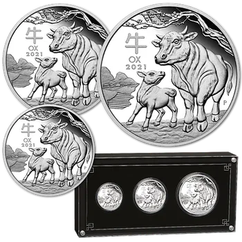 Lunární série III. - sada tří stříbrných mincí Year of the Ox (Rok buvola) 2021 (1/2 Oz, 1 Oz, 2 Oz) PROOF