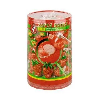 Bonbon Lízátko HIRSCH 17 g SUPER BUBBLE jahodové se žvýkačkou (100 ks) (německé jahodové lízátko / se žvýkačkou / dóza 100 ks)