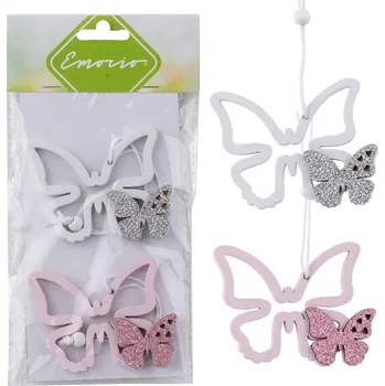 Vánoce Závěs dřevo Motýlci bílá růžová glitr 75 x 60 mm 17 gram