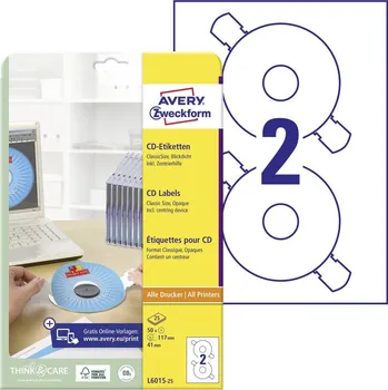 Kotouček do pokladny a tiskárny štítků Avery-Zweckform L6015-25 Štítky CD Ø 117 mm papír bílá 50 ks trvalé inkoustová tiskárna, laserová tiskárna, barevná lase