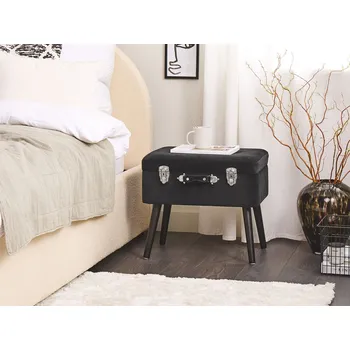 Stolička stolička ve tvaru kufru Černá čalouněná sametová s úložným prostorem, černé nohy, moderní design Beliani