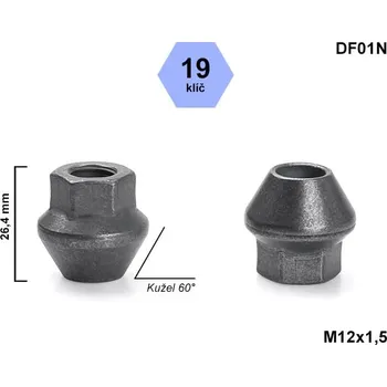 Matice na kolo Kolová matice M12x1,5 Ford kužel pevná, klíč 19, DF01N otevřená, výška 26,4 mm