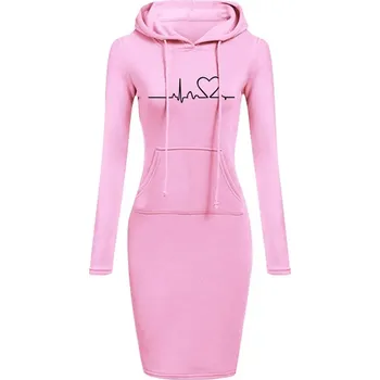 Dámský svetr Pohodlné dámské mikinové šaty s potiskem a kapucí Barva: Růžová, Velikost: XXXL