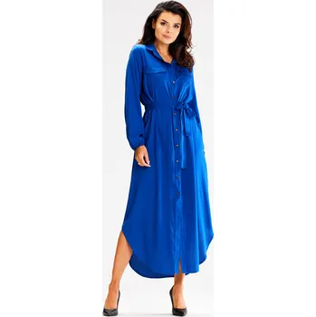 Dámské šaty Volné, maxi košilové šaty s dlouhými rukávy A601 Barva: Modrá, Velikost: L/XL