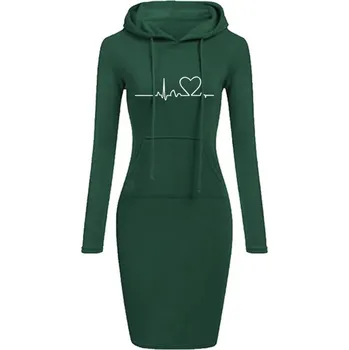 Dámský svetr Pohodlné dámské mikinové šaty s potiskem a kapucí Barva: armádní zelená, Velikost: S