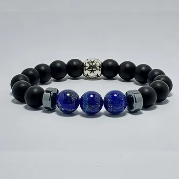Náramek Pánský náramek z minerálů 10 mm - lapis lazuli a matný obsidián