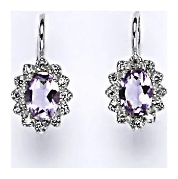 Náušnice Zlaté náušnice s diamanty, přírodní světlý ametyst, bílé zlato, VE 247