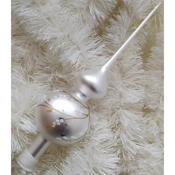 Vánoční ozdoba Vánoční skleněná špice, 1-kulová, stříbřená, bílý mat, dekor malovaný větvičkový