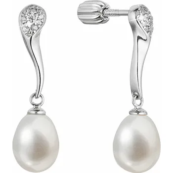 Šperk Stříbrné náušnice visací s oválnou říční perlou a zirkony bílé 21097.1B