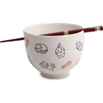 Sada nádobí Made in Japan Japonská Soba miska s hůlkami - porcelán - Bílá s kočičkami 13 cm