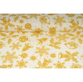 Plátno bavlněné, béžové vločky a ozdoby na bílé, metráž, látky