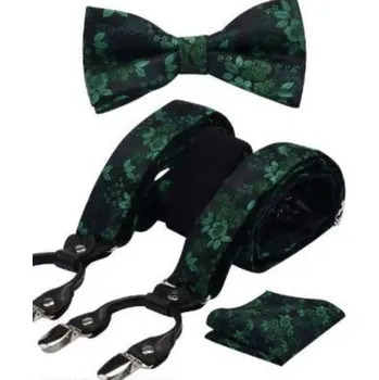 Kšandy Luxusní set zelený s květinovým vzorem - Motýlek, kšandy (šle) a kapesníček v dárkovém balení