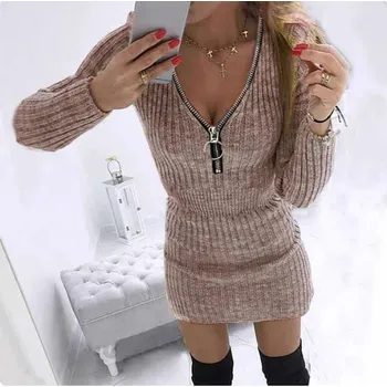 Dámské šaty Čína Podzimní sexy pletené mini šaty se zipem a dlouhým rukávem Barva: Růžová, Velikost: S