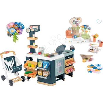 Dětská kuchyňka Set obchod elektronický smíšené zboží s chladničkou Maxi Market a květinářství Smoby s vlastní výrobou květin s náhradním materiálem