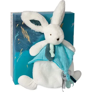 plyšák Doudou et Compagnie Paris Doudou Dárková sada - Plyšový králíček s muchláčkem 25 cm modrá