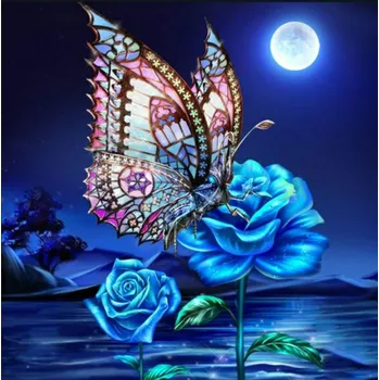 Diamantové malování Diamantové malování - Modrá růže a motýl (40x40)
