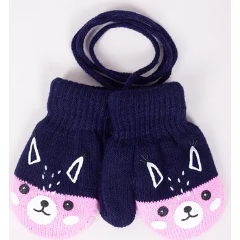 Rukavice Rukavice rukavičky palčáky YO RED0117G TEPLÉ tmavomodré s růžovou se zvířátkem spojené šňůrkou velikost rukavic: 16 cm