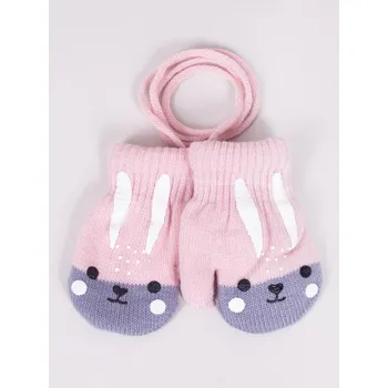Rukavice Rukavice rukavičky palčáky YO RED0117G TEPLÉ pudrové růžové s šedou se zvířátkem spojené šňůrkou velikost rukavic: 10 cm