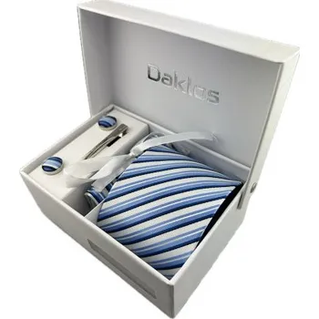 Kravata Luxusní set s modrými a bílými proužky - Kravata, kapesníček, manžetové knoflíčky, kravatová spona v dárkovém balení