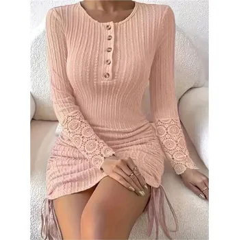 Dámské šaty Čína Dámské módní pletené mini šaty s dlouhým rukávem Barva: Růžová, Velikost: XXL