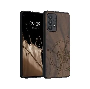 Pouzdro na mobilní telefon Dřevěné pouzdro s designem kompas pro Samsung Galaxy A52 - tmavě hnědá