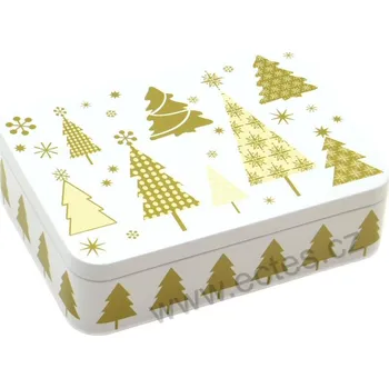 Dóza na potraviny GLORIA bílá plechová dóza na čokoládu 3500 se zlatými stromky a vločkami