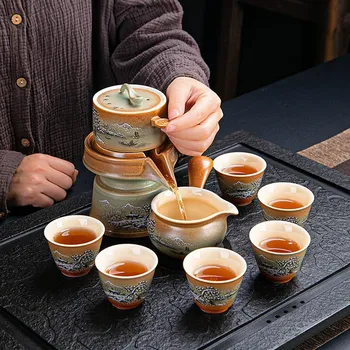 Čajovna Vypálená v ohni ze dřeva a ručně malovaná čajová souprava - Řeka a sníh