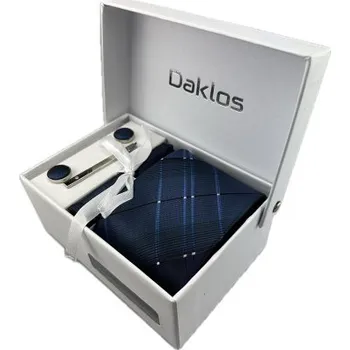 Kravata Luxusní set tmavě modrý moderní vzor - Kravata, kapesníček do saka, manžetové knoflíčky, kravatová spona v dárkovém balení