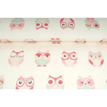 Elastická teplákovina nepočesaná, potištěná, vzor sovičky, látky, metráž, šíře 180cm
