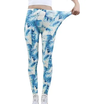 Dámské kalhoty Dámské elastické legíny s potiskem jiné vzory (16-29) Barva: Beige Green Leaf, Velikost: S