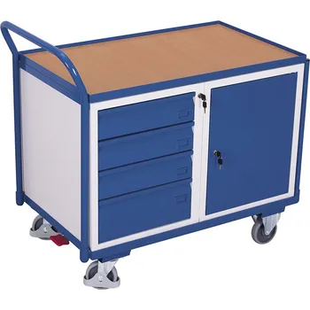 Variofit Dílenský vozík, 4 zásuvky a skříňka, Variofit, do 250 kg, š x h x v: 112,5 x 62,5 x 101 cm, modrá/antracit Barva: modrá RAL5010