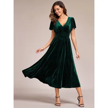 Dámské šaty Sametové svatební šaty pro hosty s výstřihem do V Barva: Tmavě Zelená, Velikost: 4XL