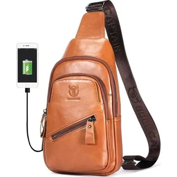Bullcaptain kožená taška přes rameno s USB Makar Khaki 5L BULLCAPTAIN 97k-cube