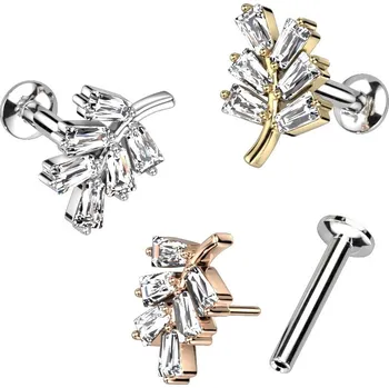 Piercing Piercingate Labreta - list s kamínky PLA00289 - Barva/Motiv: Stříbrná/Čirá, Délka tyčky: 6 mm, Průměr tyčky: 1,2 mm