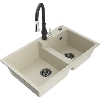 Granitový dřez Mexen Tomas granitový dřez 2-komorový s kuchyňskou baterií Savita, béžový - 6516-69-672601-70 Granitové dřezy s baterií