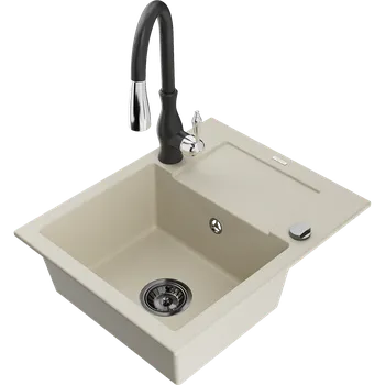 Granitový dřez Mexen Enzo granitový dřez 1-komorový s odkapávačem a kuchyňskou baterií Savita, béžový - 6506-69-672601-70 Granitové dřezy s baterií